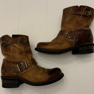 Frye Double Buckle Engineer Boots Womens 6.5 Short Brown Leather Ankle Booties